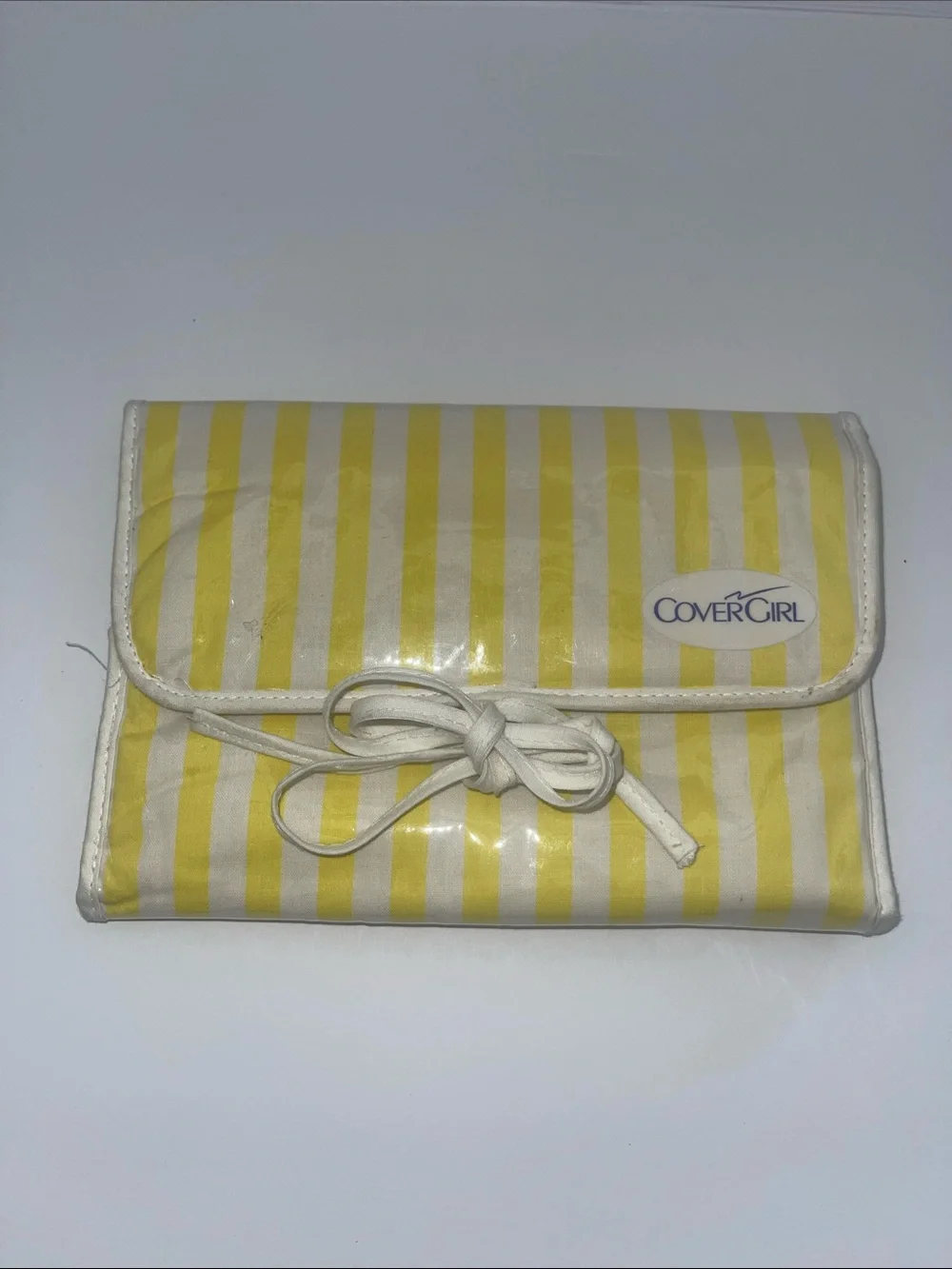 Vintage COVERGIRL Yellow and White Striped Cosmetic Pouch with Tie Closure